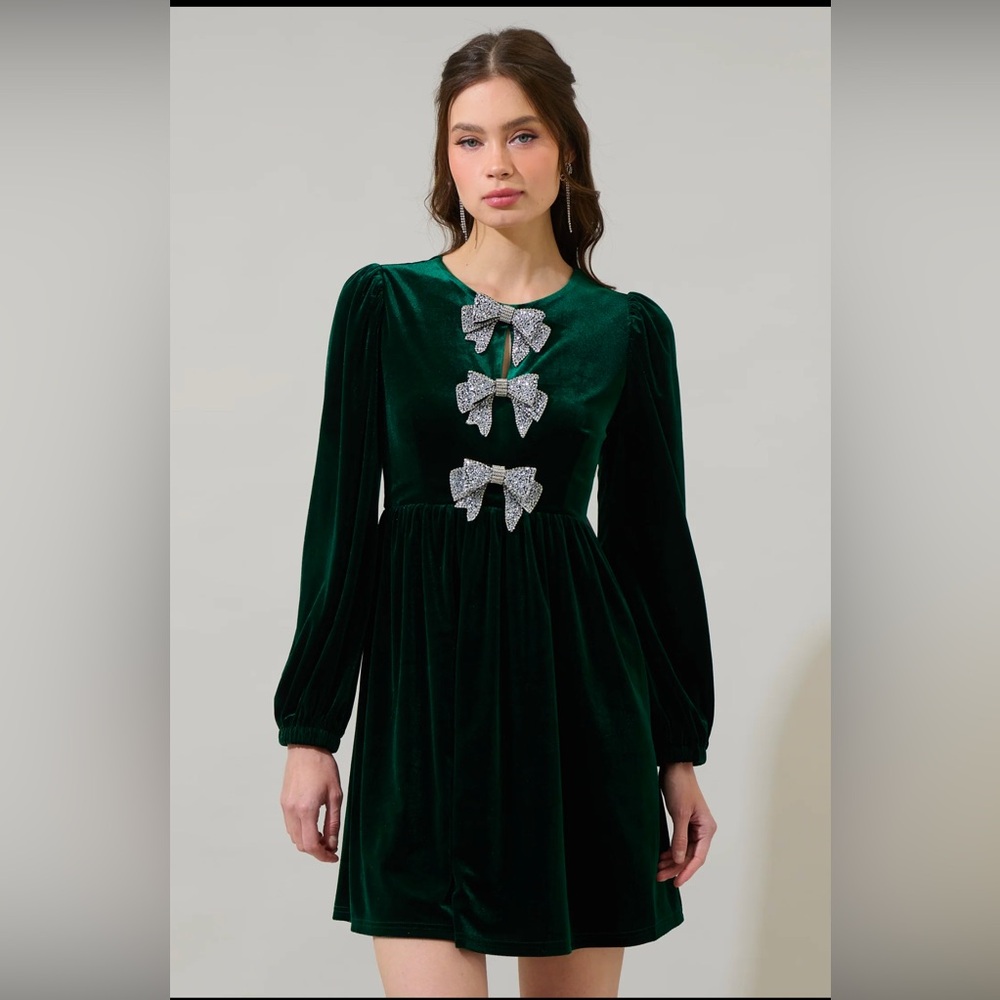 Sugarlips Green Velvet Bow Dress NWT